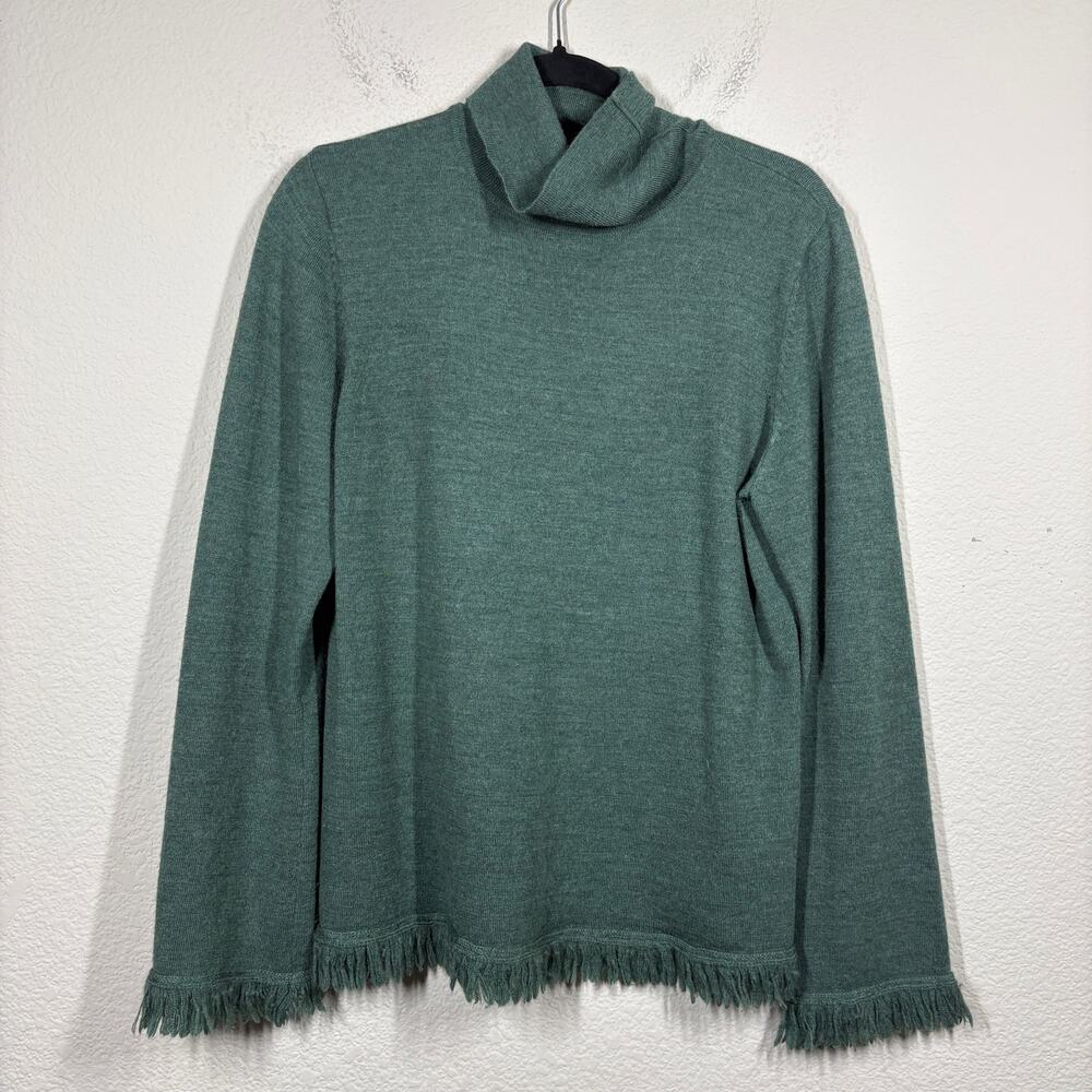Elena Solano Size Large Italian Merino Wool Turtleneck Sweater Green Fringe Hem